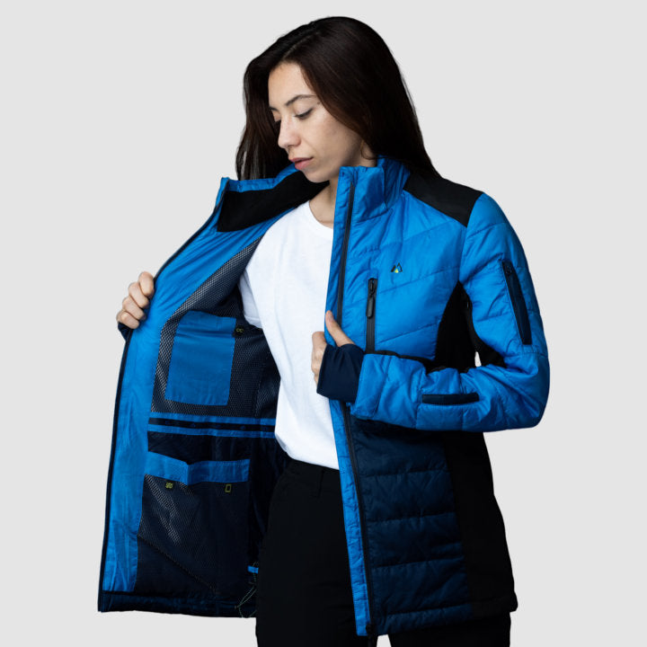 EcoDown Jacket for women in blue, featuring a lightweight design and built-in sleeve gloves for added warmth.