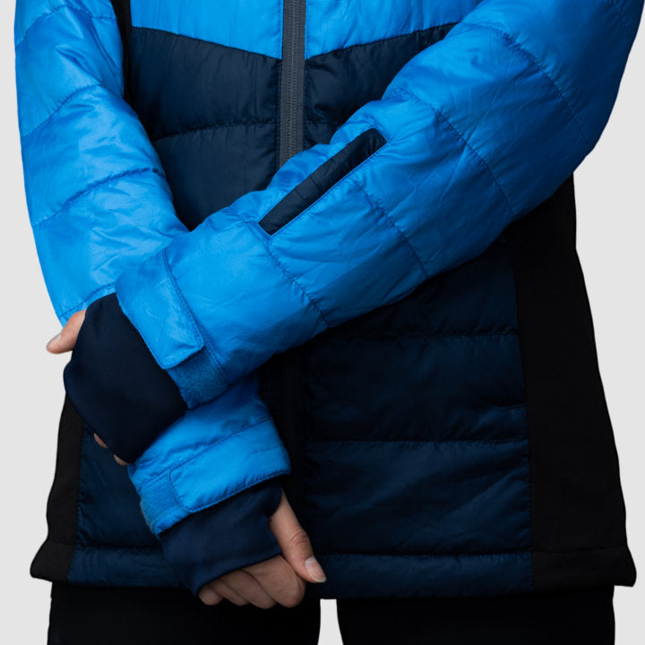 EcoDown Jacket for women in blue, featuring a lightweight design and built-in sleeve gloves for added warmth.