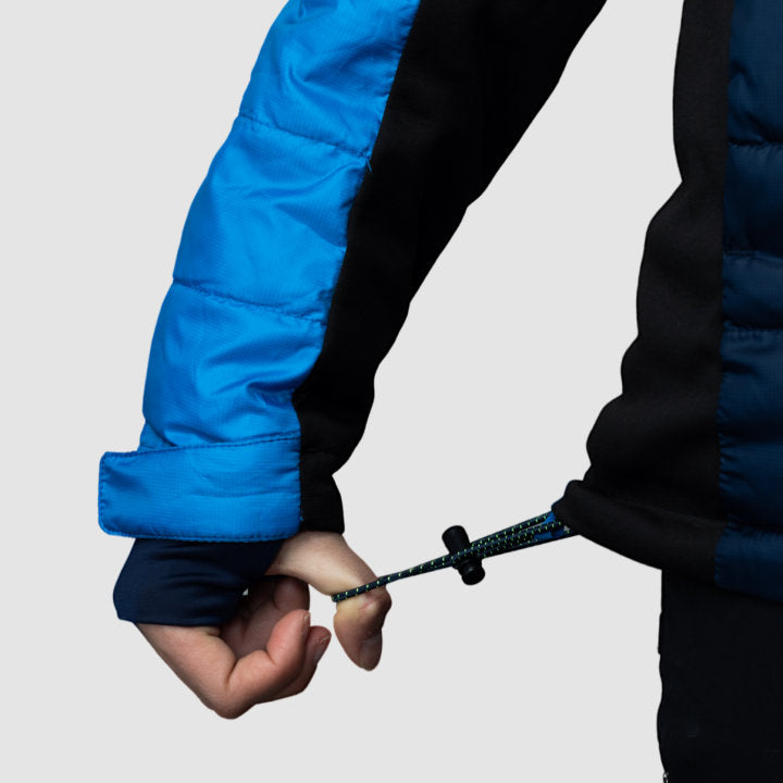 EcoDown Jacket for women in blue, featuring a lightweight design and built-in sleeve gloves for added warmth.