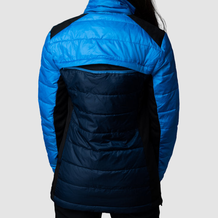 EcoDown Jacket for women in blue, featuring a lightweight design and built-in sleeve gloves for added warmth.