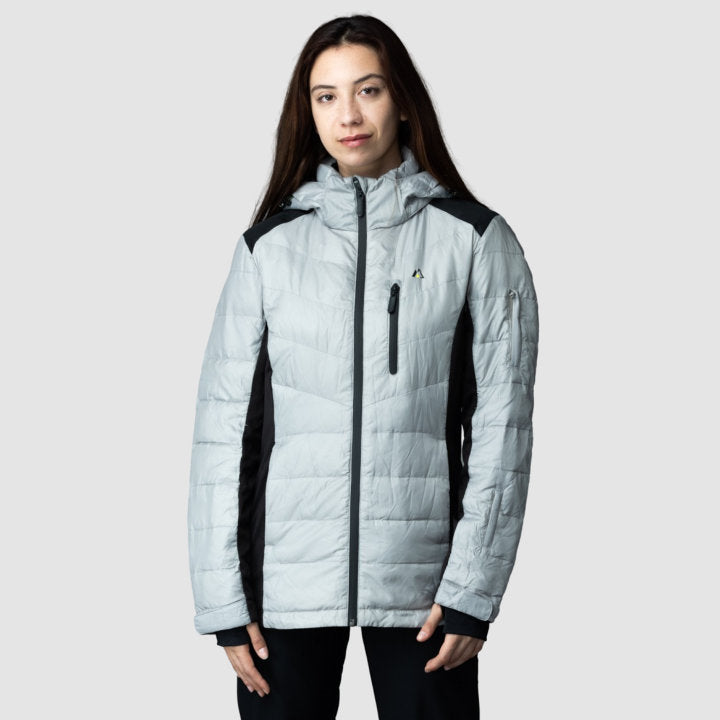 EcoDown Jacket for Women in Gray, featuring a lightweight design and built-in sleeve gloves, made from recycled materials.