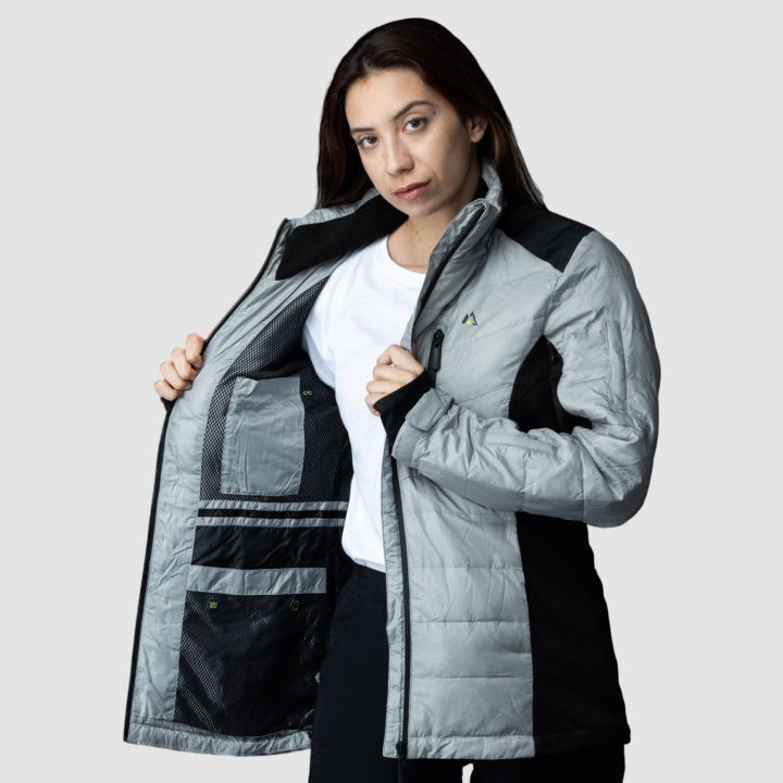 EcoDown Jacket for Women in Gray, featuring a lightweight design and built-in sleeve gloves, made from recycled materials.