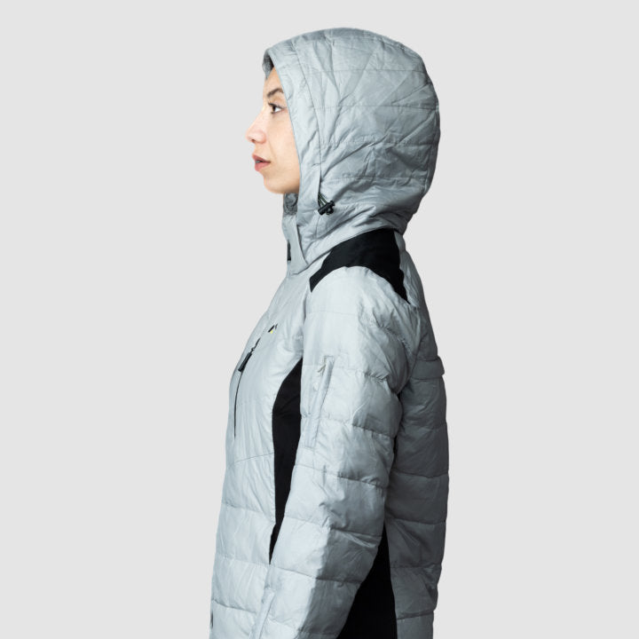 EcoDown Jacket for Women in Gray, featuring a lightweight design and built-in sleeve gloves, made from recycled materials.