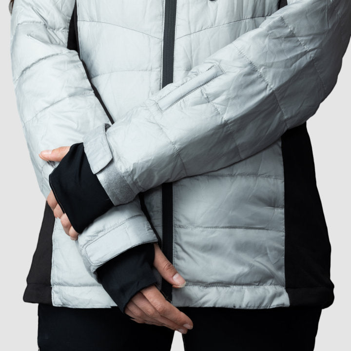 EcoDown Jacket for Women in Gray, featuring a lightweight design and built-in sleeve gloves, made from recycled materials.