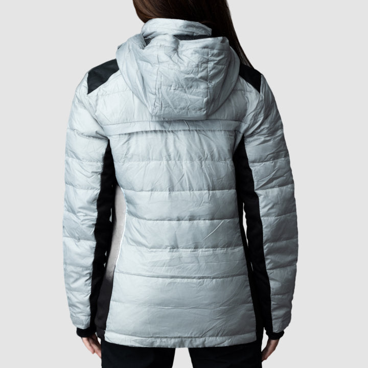 EcoDown Jacket for Women in Gray, featuring a lightweight design and built-in sleeve gloves, made from recycled materials.