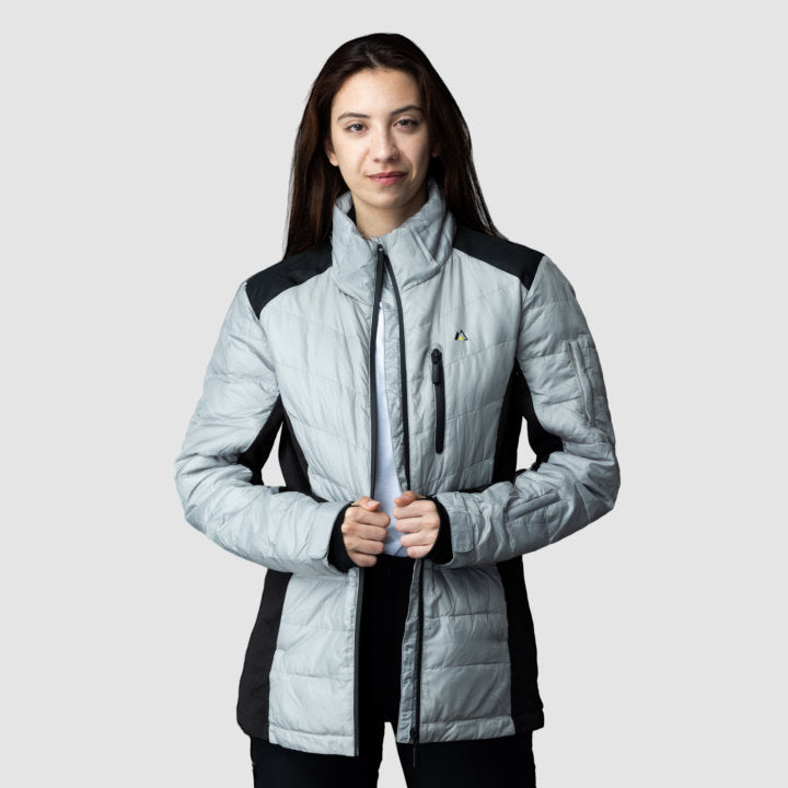 EcoDown Jacket for Women in Gray, featuring a lightweight design and built-in sleeve gloves, made from recycled materials.