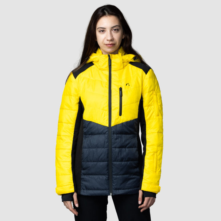 EcoDown Jacket for women in yellow, featuring a lightweight design, built-in sleeve gloves, and a water-repellent finish.