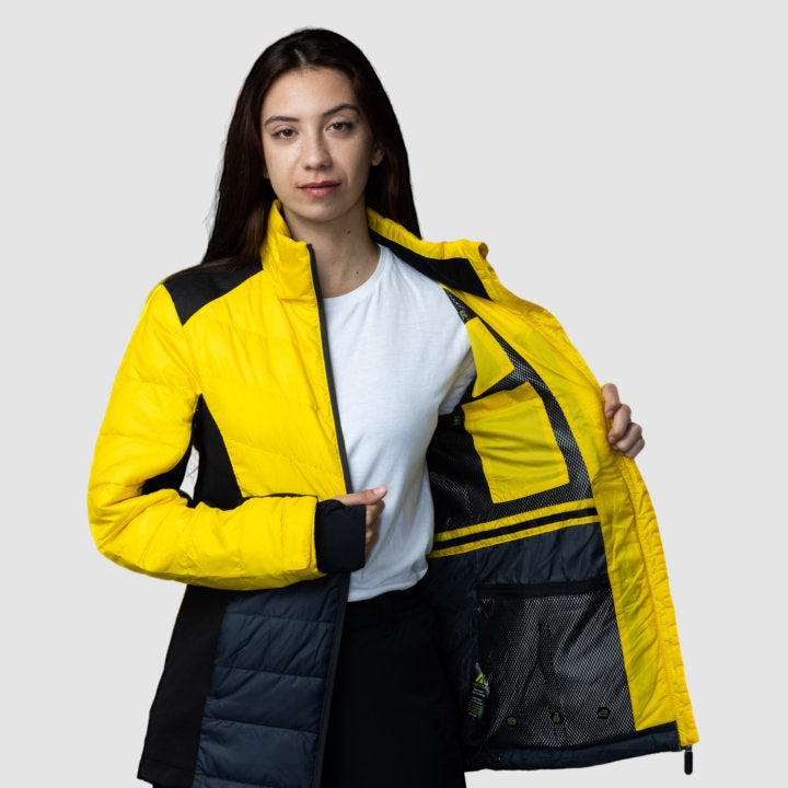 EcoDown Jacket for women in yellow, featuring a lightweight design, built-in sleeve gloves, and a water-repellent finish.