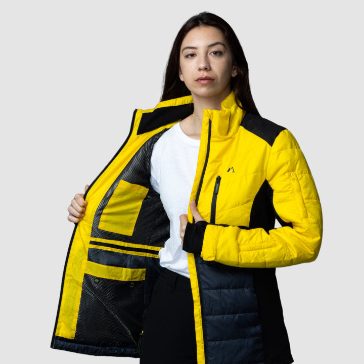 EcoDown Jacket for women in yellow, featuring a lightweight design, built-in sleeve gloves, and a water-repellent finish.