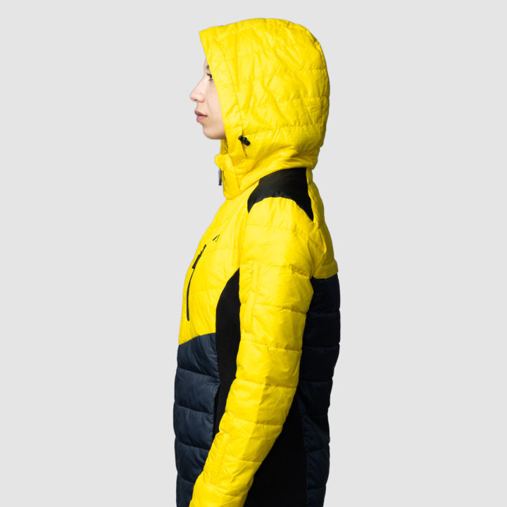 EcoDown Jacket for women in yellow, featuring a lightweight design, built-in sleeve gloves, and a water-repellent finish.