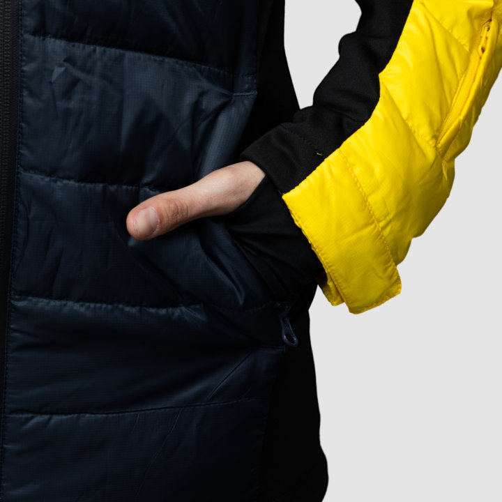 EcoDown Jacket for women in yellow, featuring a lightweight design, built-in sleeve gloves, and a water-repellent finish.