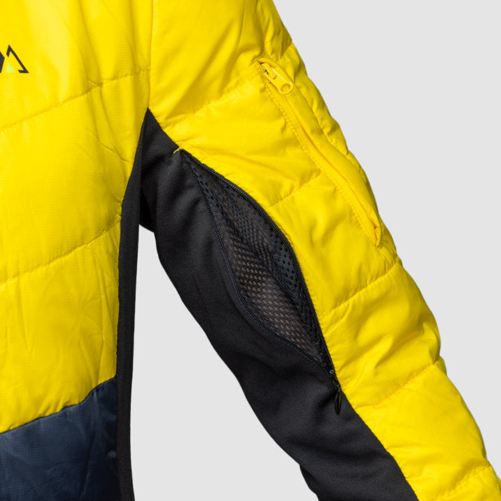 EcoDown Jacket for women in yellow, featuring a lightweight design, built-in sleeve gloves, and a water-repellent finish.