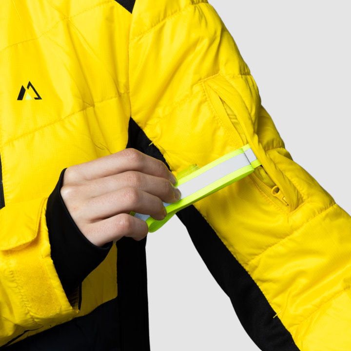 EcoDown Jacket for women in yellow, featuring a lightweight design, built-in sleeve gloves, and a water-repellent finish.