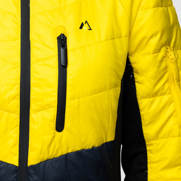 EcoDown Jacket for women in yellow, featuring a lightweight design, built-in sleeve gloves, and a water-repellent finish.