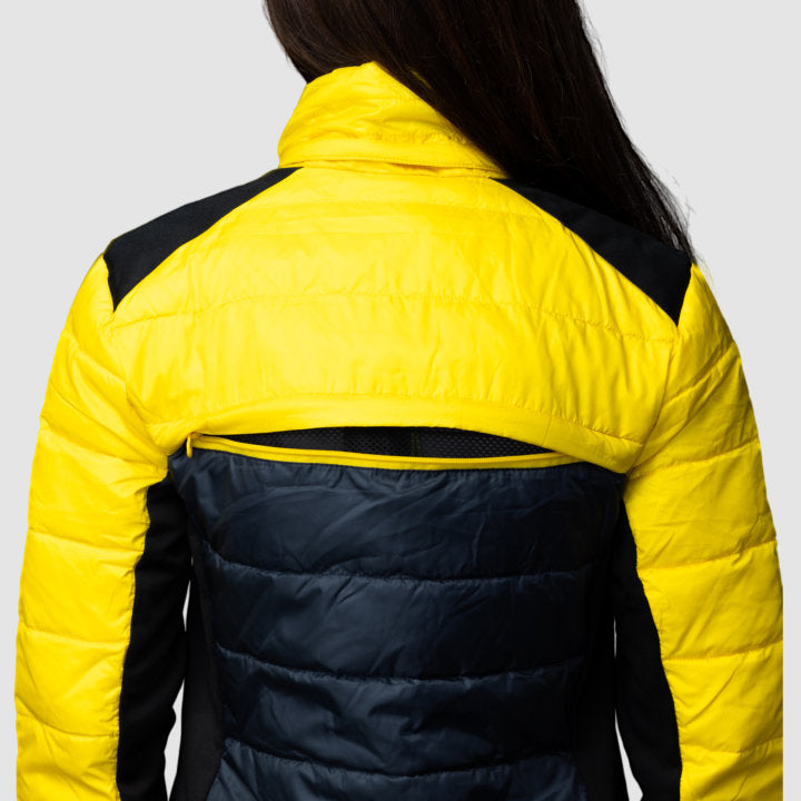 EcoDown Jacket for women in yellow, featuring a lightweight design, built-in sleeve gloves, and a water-repellent finish.