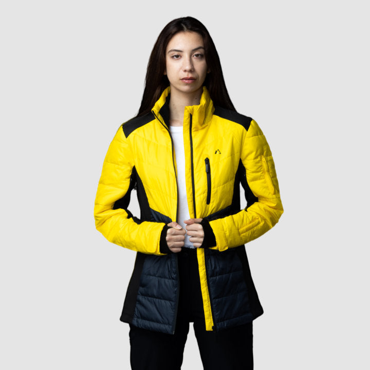 EcoDown Jacket for women in yellow, featuring a lightweight design, built-in sleeve gloves, and a water-repellent finish.