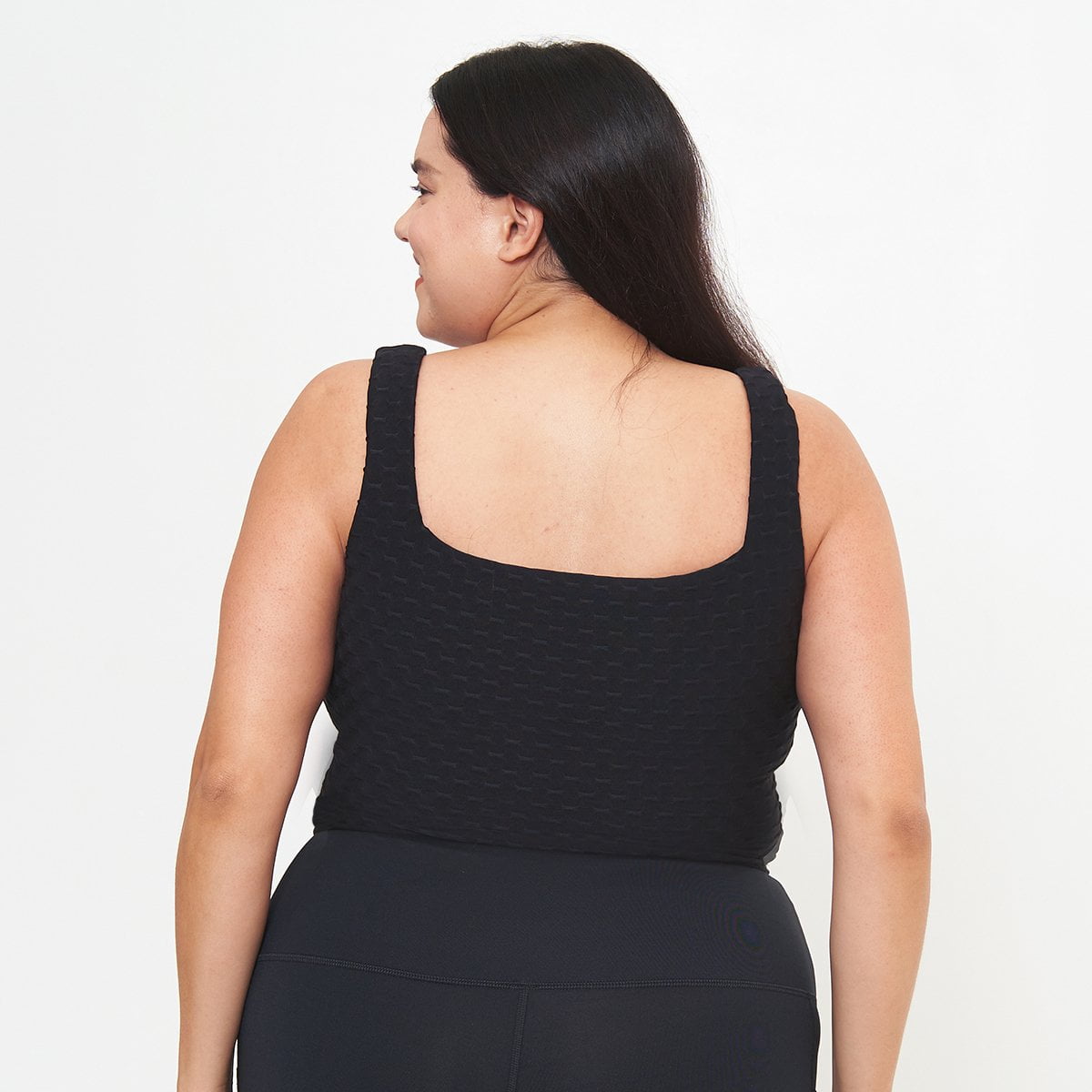 Lola Getts® Fitted Tank in Black Dash Texture featuring built-in bra and wide straps for comfort.