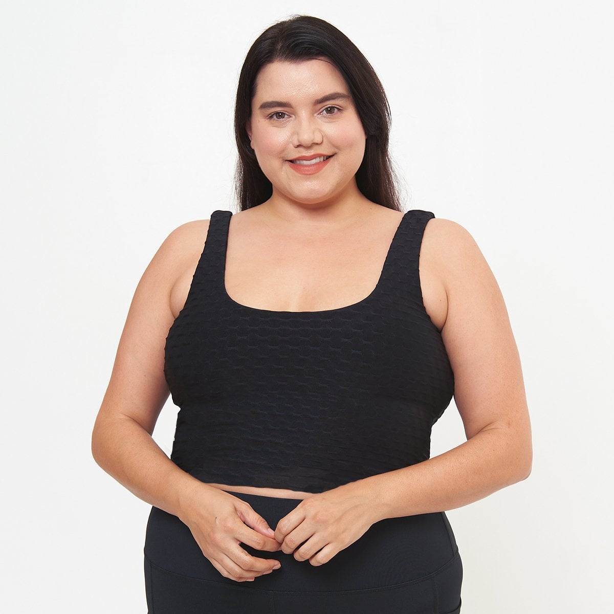 Lola Getts® Fitted Tank in Black Dash Texture featuring built-in bra and wide straps for comfort.