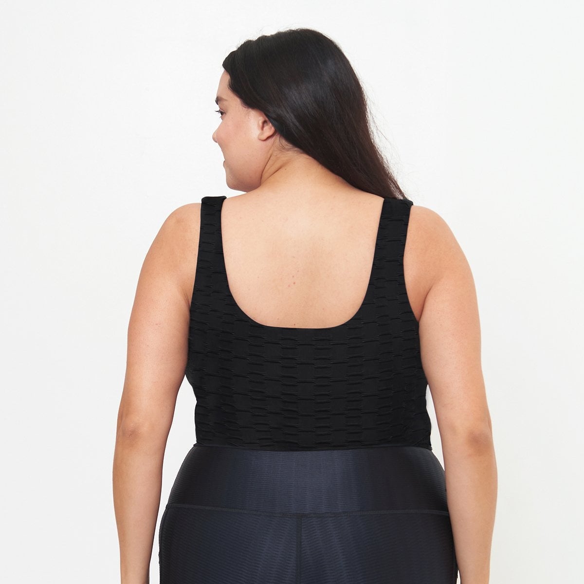 Lola Getts® Fitted Tank in Black Links Pattern featuring built-in bra and wide straps, ideal for workouts and casual wear.