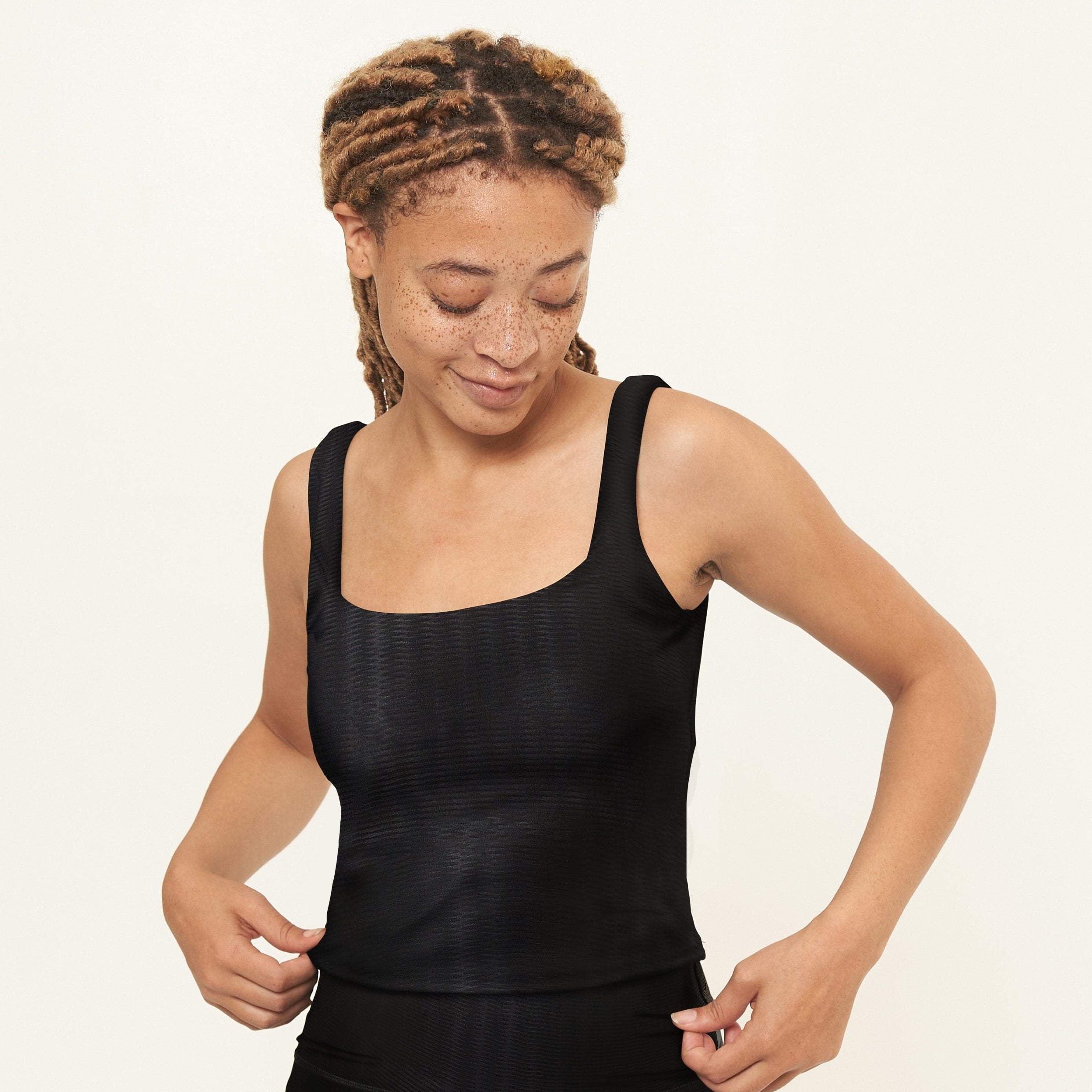 Lola Getts Fitted Tank in Black Zap Texture featuring built-in bra and soft straps, ideal for workouts and casual wear.