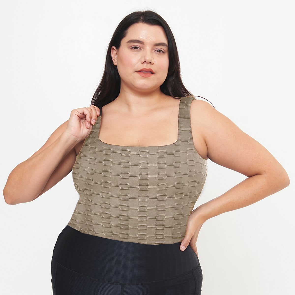 Lola Getts® Fitted Tank in Simply Taupe Links Pattern, featuring a built-in bra and stylish design for activewear.