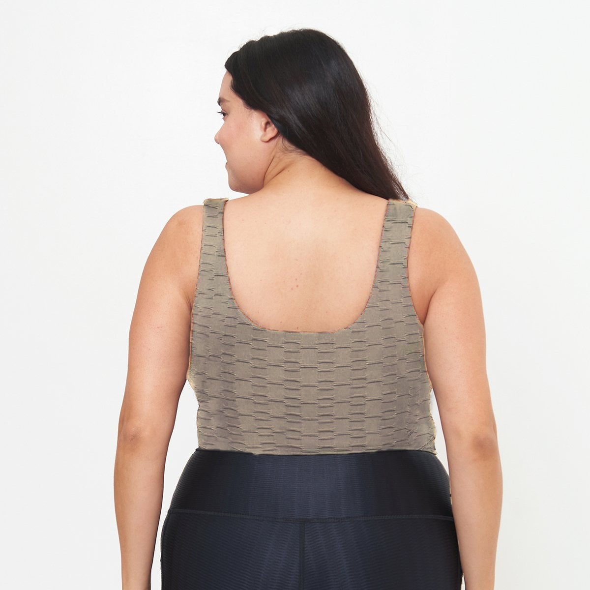 Lola Getts® Fitted Tank in Simply Taupe Links Pattern, featuring a built-in bra and stylish design for activewear.