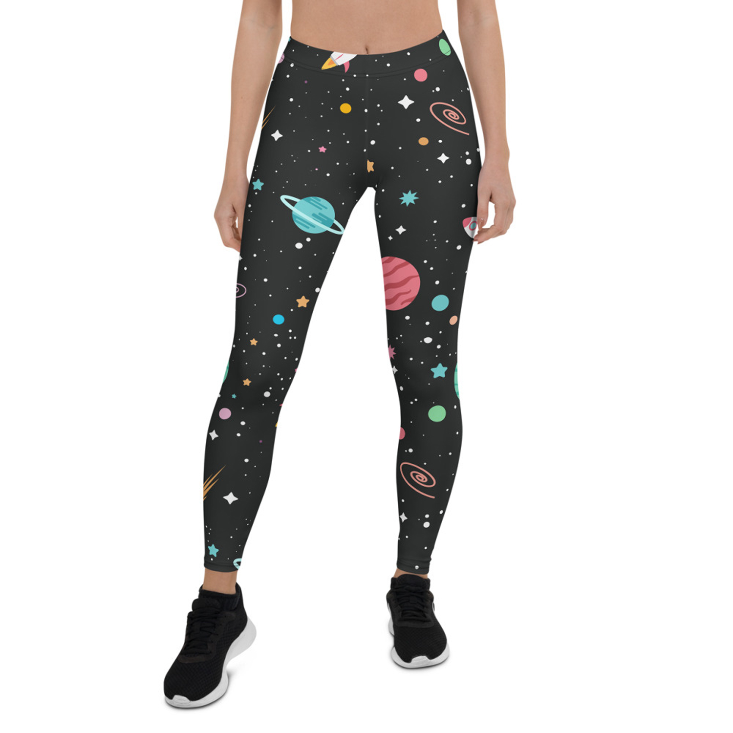 A pair of Galaxy Leggings for Women featuring colorful graphic designs, showcasing their full length and four-way stretch fabric.