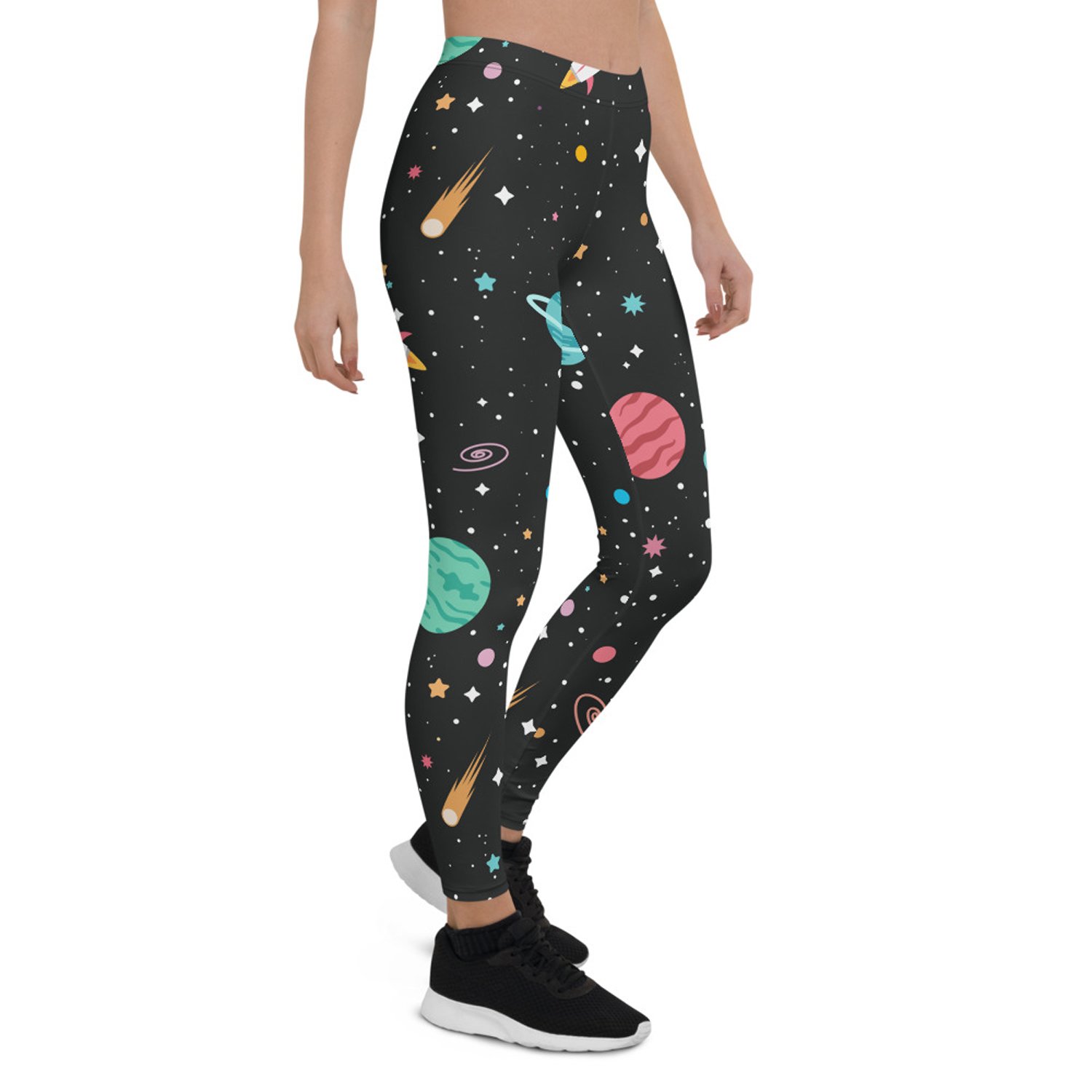 A pair of Galaxy Leggings for Women featuring colorful graphic designs, showcasing their full length and four-way stretch fabric.