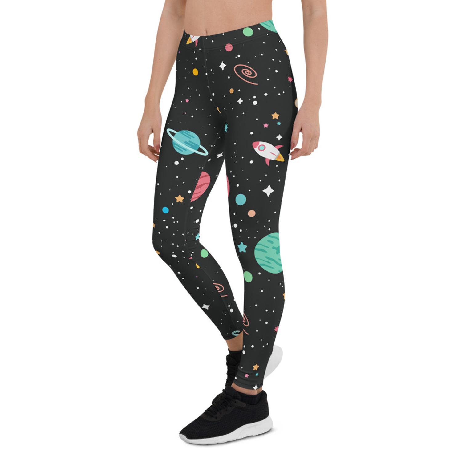 A pair of Galaxy Leggings for Women featuring colorful graphic designs, showcasing their full length and four-way stretch fabric.