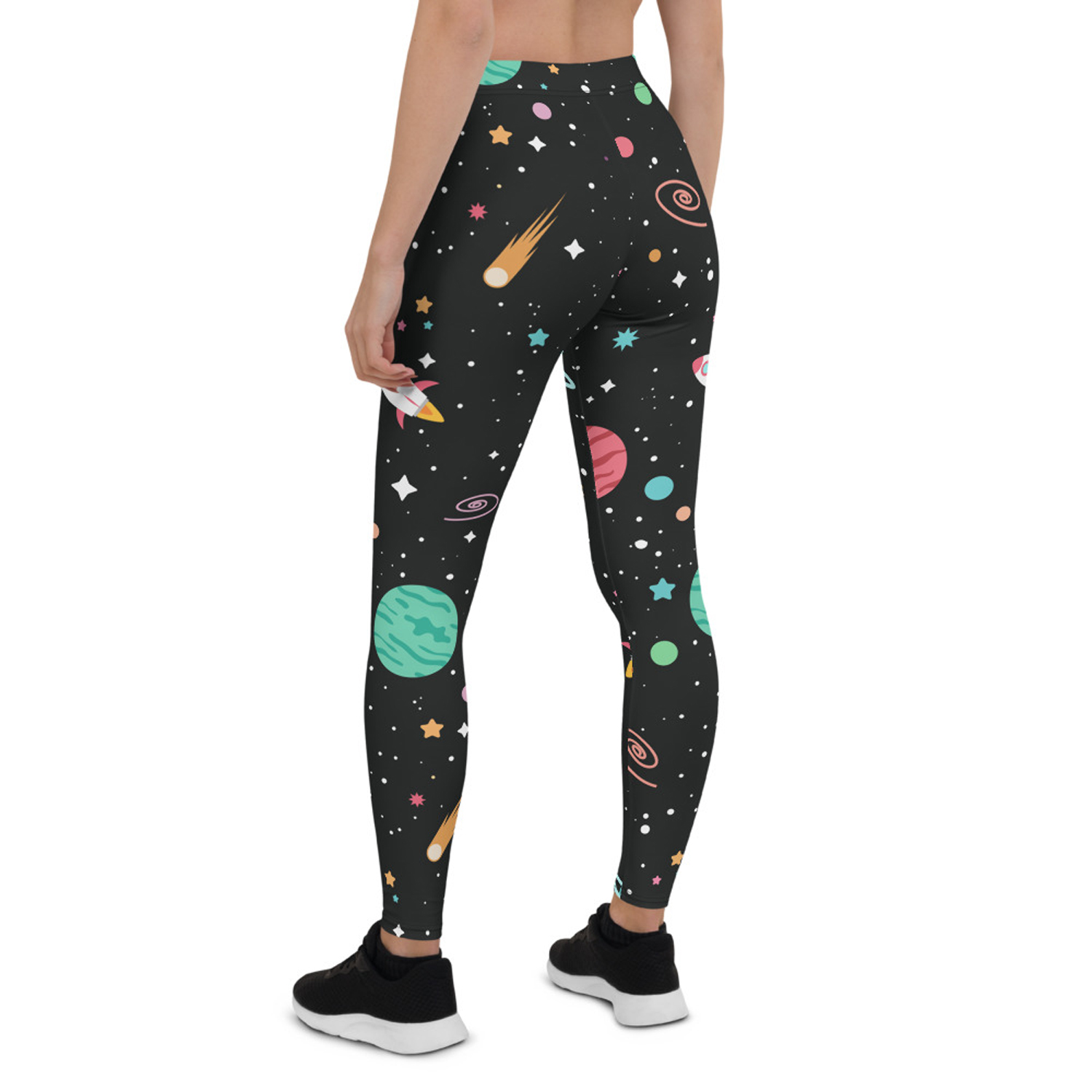 A pair of Galaxy Leggings for Women featuring colorful graphic designs, showcasing their full length and four-way stretch fabric.