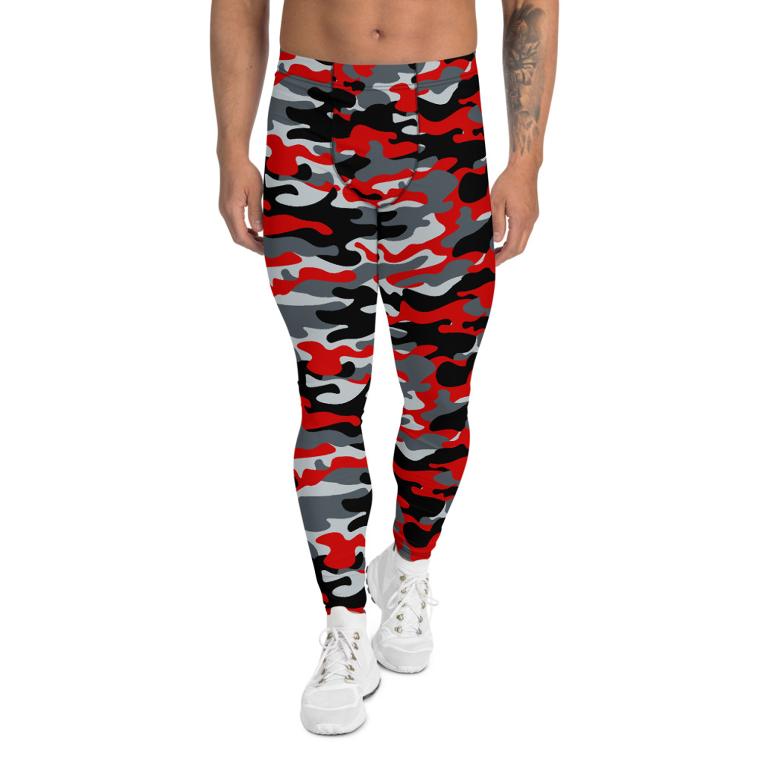 Gray and Red Camo Leggings for Men, showcasing a fitted design with moisture-wicking fabric, perfect for various sports and activities.