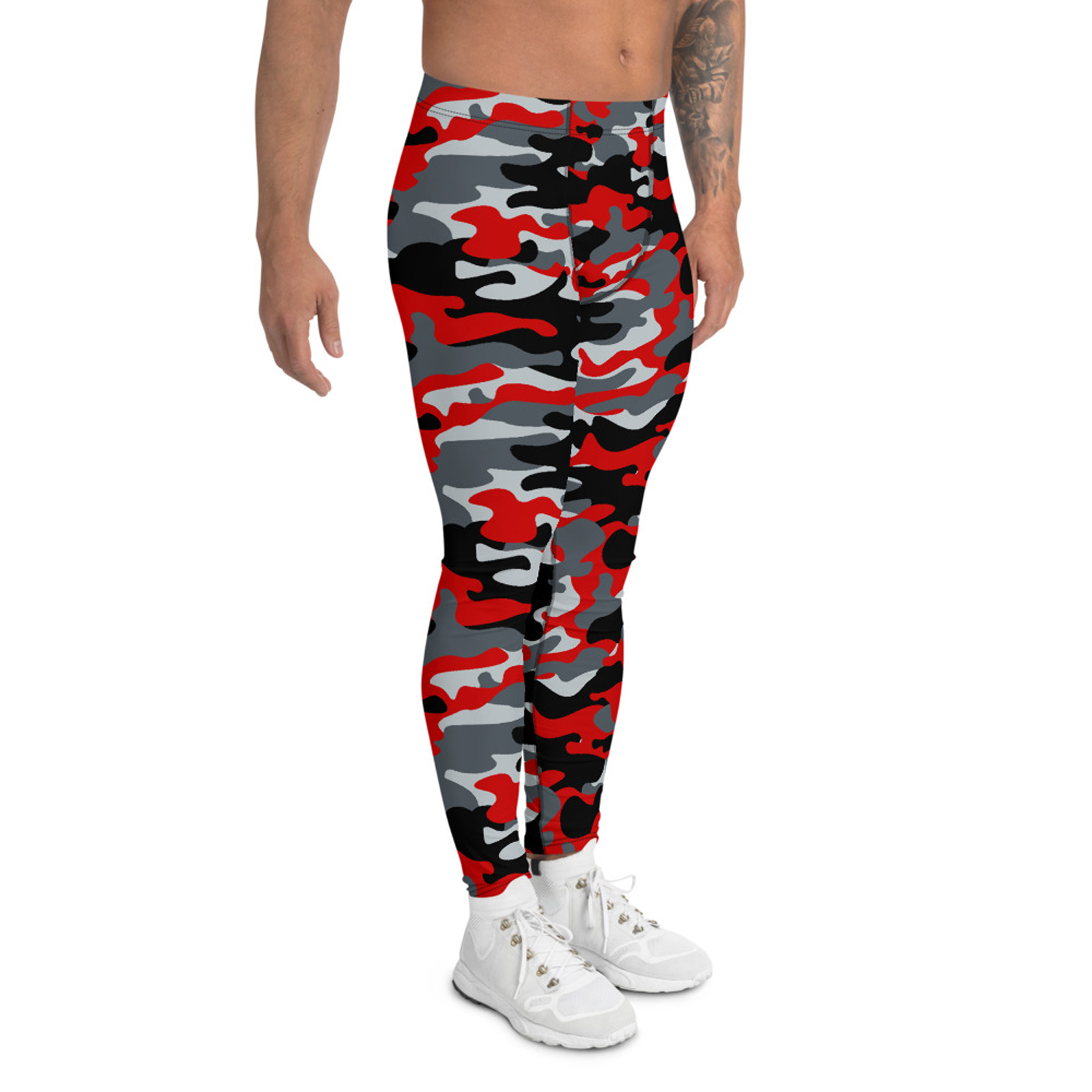 Gray and Red Camo Leggings for Men, showcasing a fitted design with moisture-wicking fabric, perfect for various sports and activities.