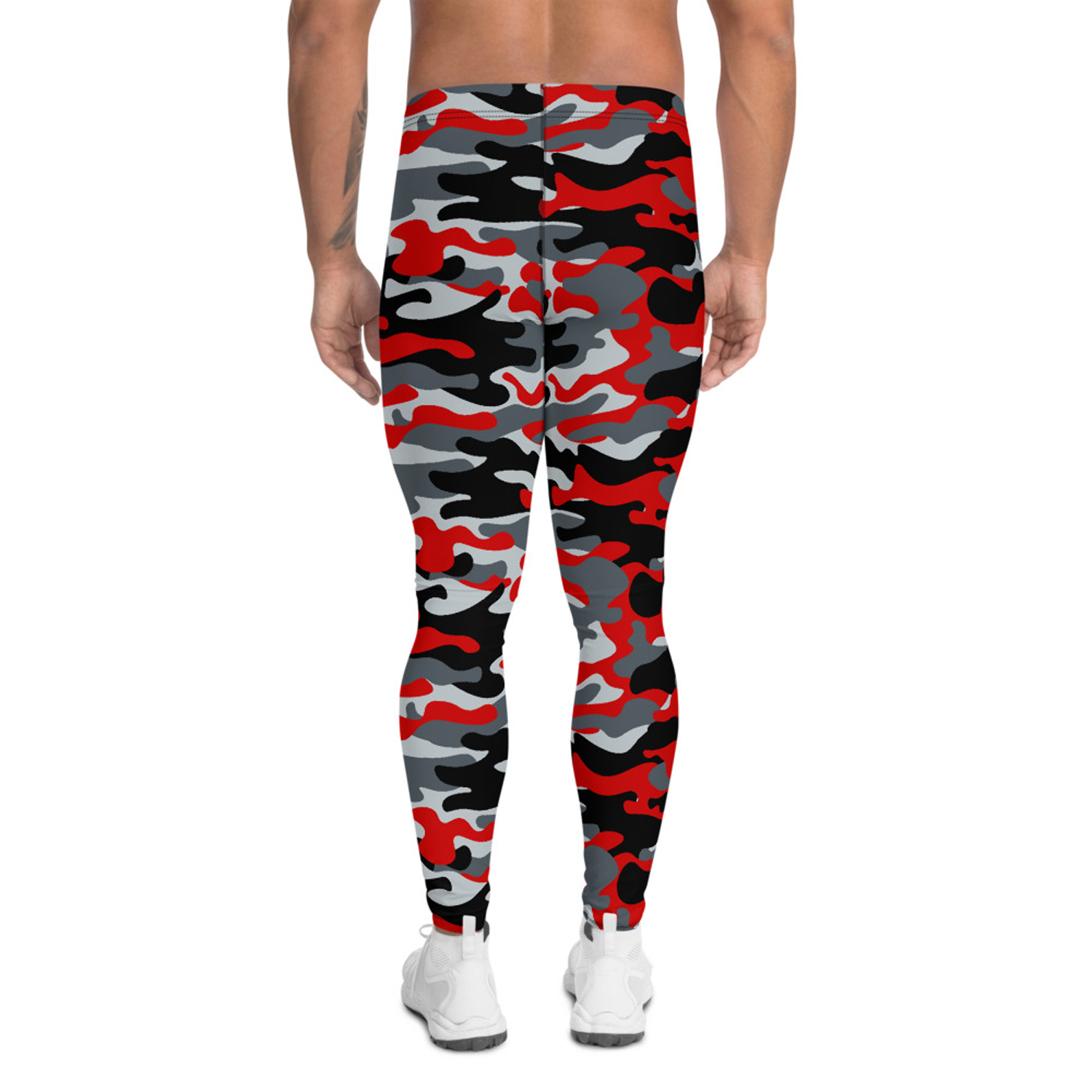 Gray and Red Camo Leggings for Men, showcasing a fitted design with moisture-wicking fabric, perfect for various sports and activities.