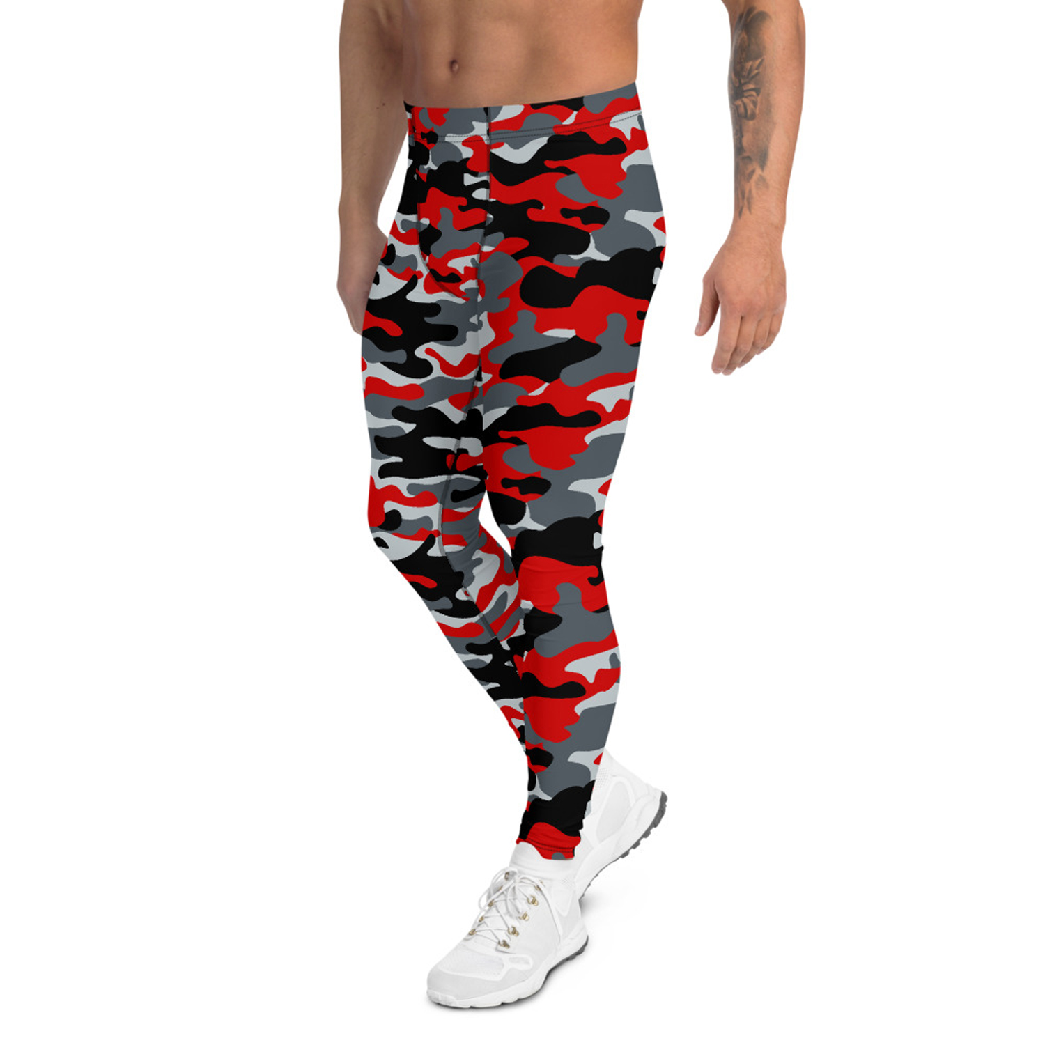 Gray and Red Camo Leggings for Men, showcasing a fitted design with moisture-wicking fabric, perfect for various sports and activities.