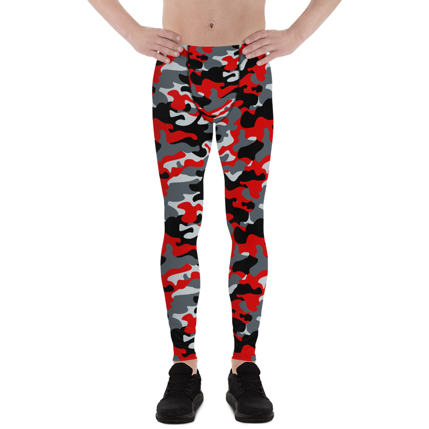 Gray and Red Camo Leggings for Men, showcasing a fitted design with moisture-wicking fabric, perfect for various sports and activities.