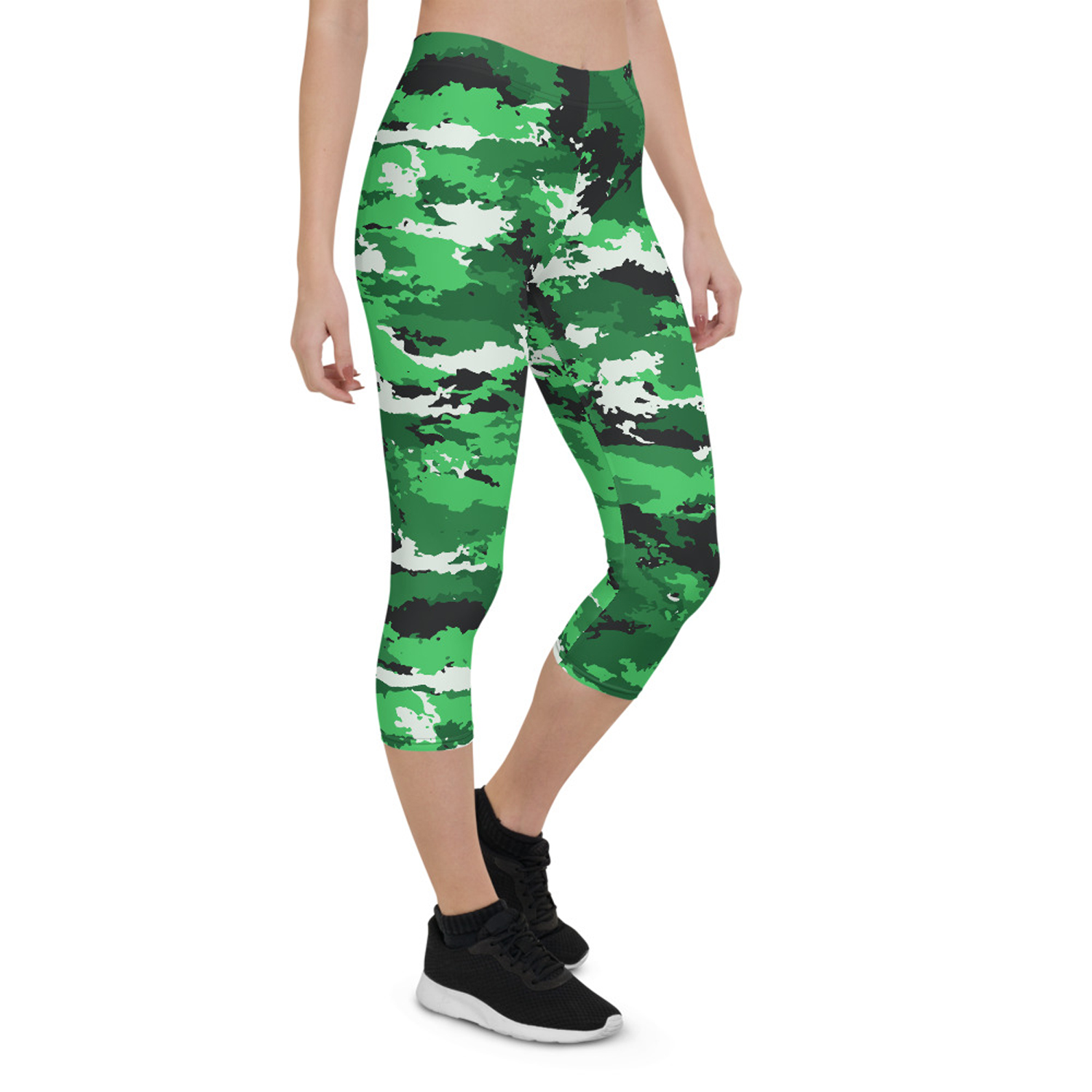 A pair of women's green camo capri leggings designed for performance and comfort, featuring a unique print and a snug fit suitable for various athletic activities.