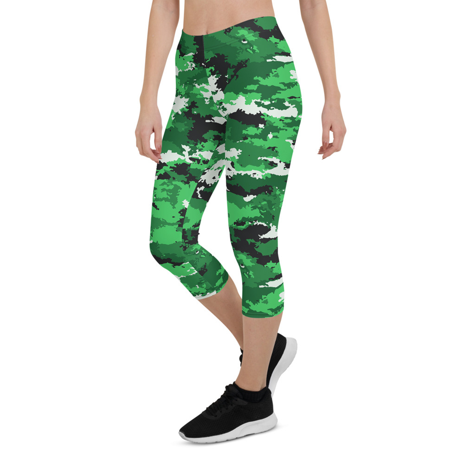 A pair of women's green camo capri leggings designed for performance and comfort, featuring a unique print and a snug fit suitable for various athletic activities.