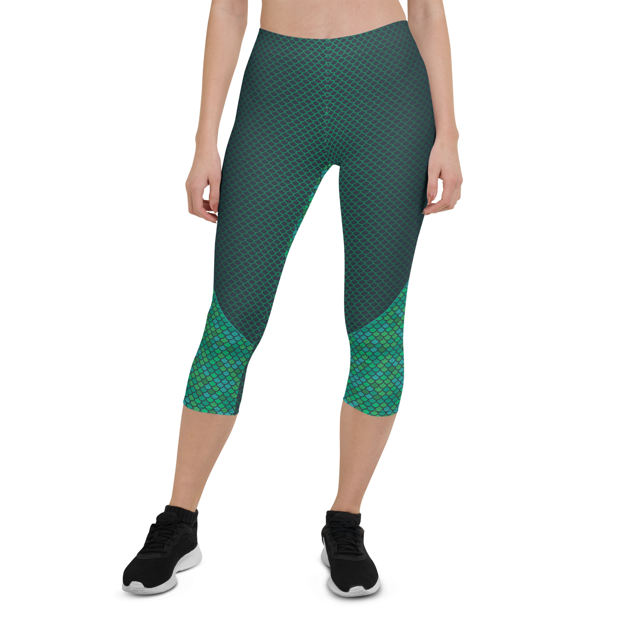 Green Mermaid Capri Leggings for Women featuring vibrant colors and unique graphic design, perfect for workouts and casual wear.