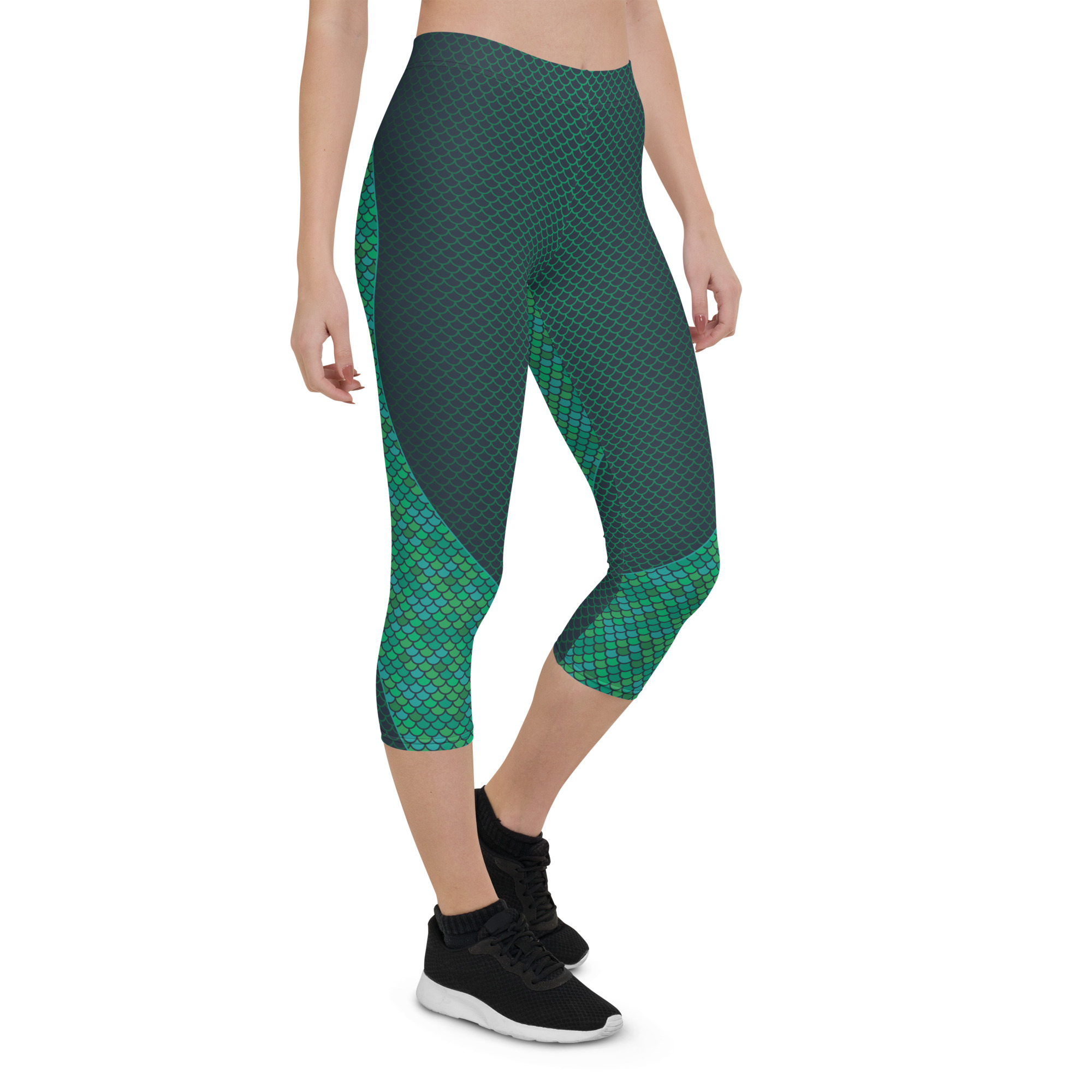 Green Mermaid Capri Leggings for Women featuring vibrant colors and unique graphic design, perfect for workouts and casual wear.