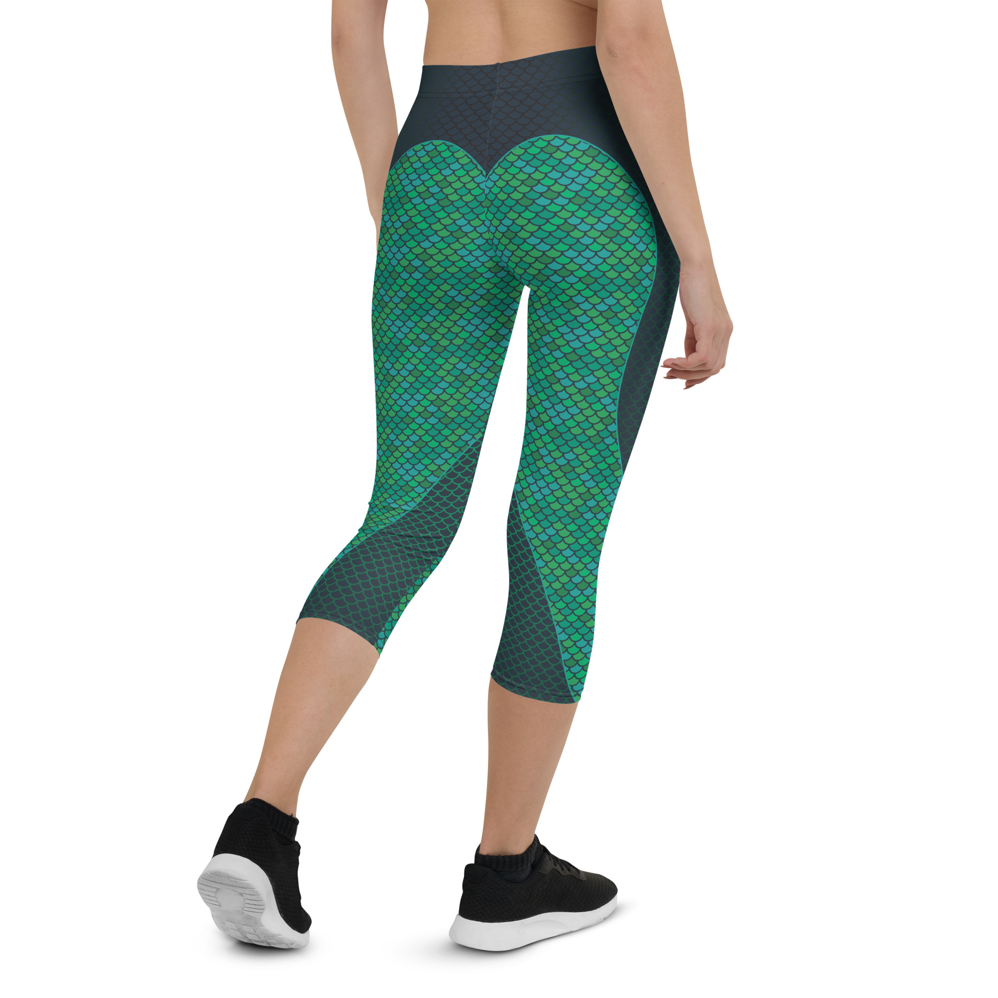 Green Mermaid Capri Leggings for Women featuring vibrant colors and unique graphic design, perfect for workouts and casual wear.