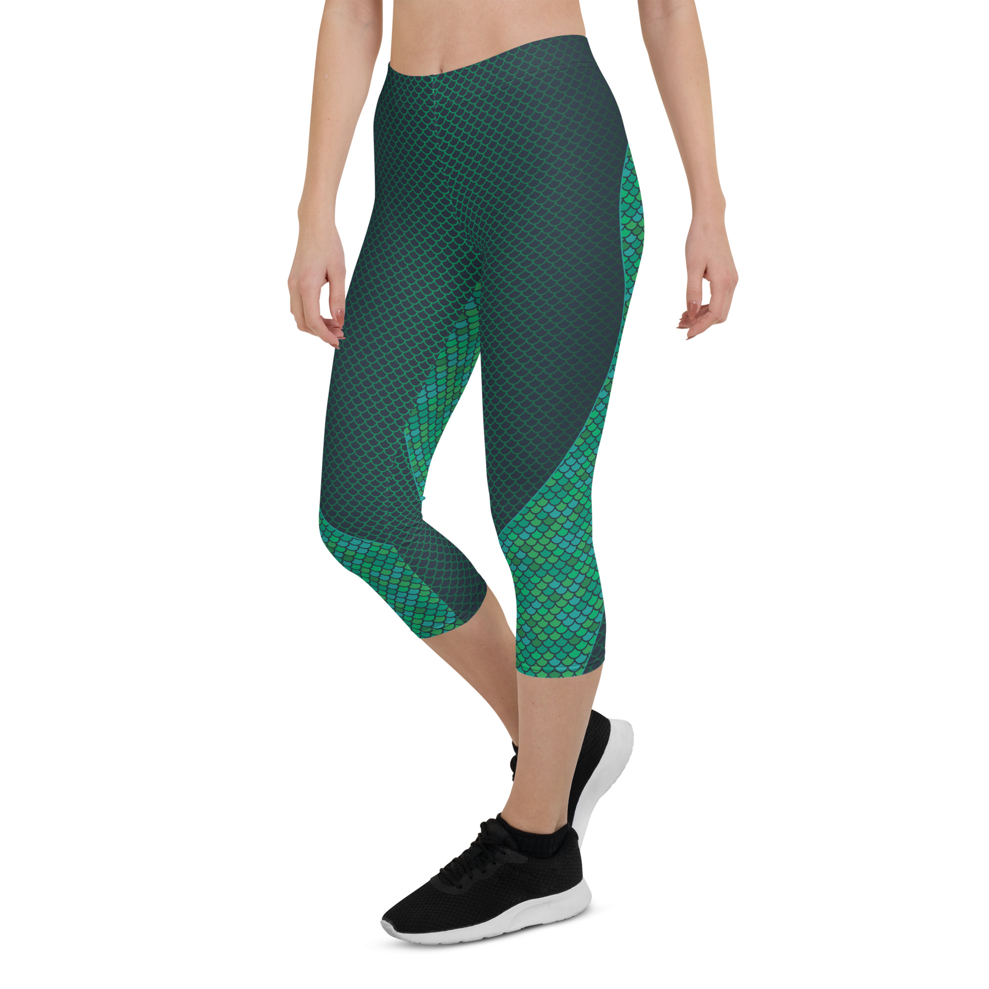 Green Mermaid Capri Leggings for Women featuring vibrant colors and unique graphic design, perfect for workouts and casual wear.