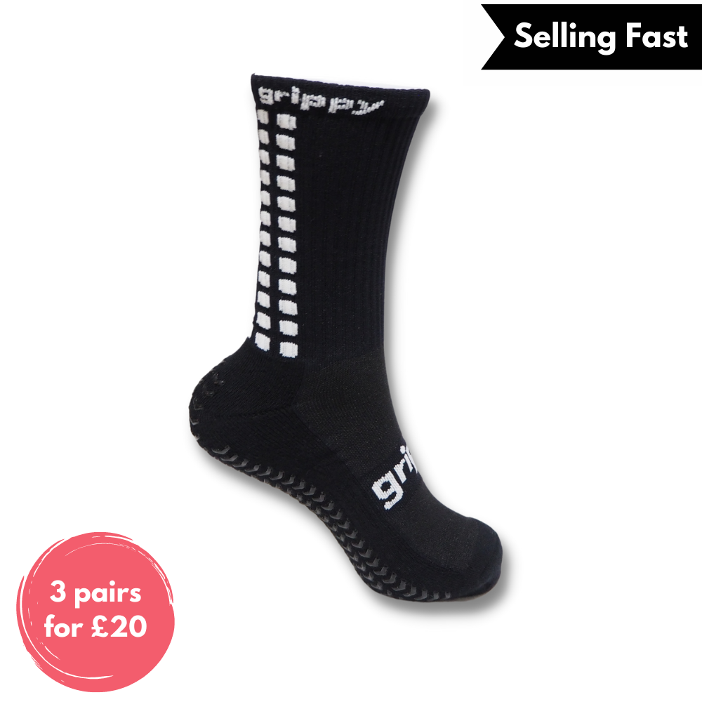 Grippy Black Football Grip Socks designed for enhanced performance and non-slip traction on the field.