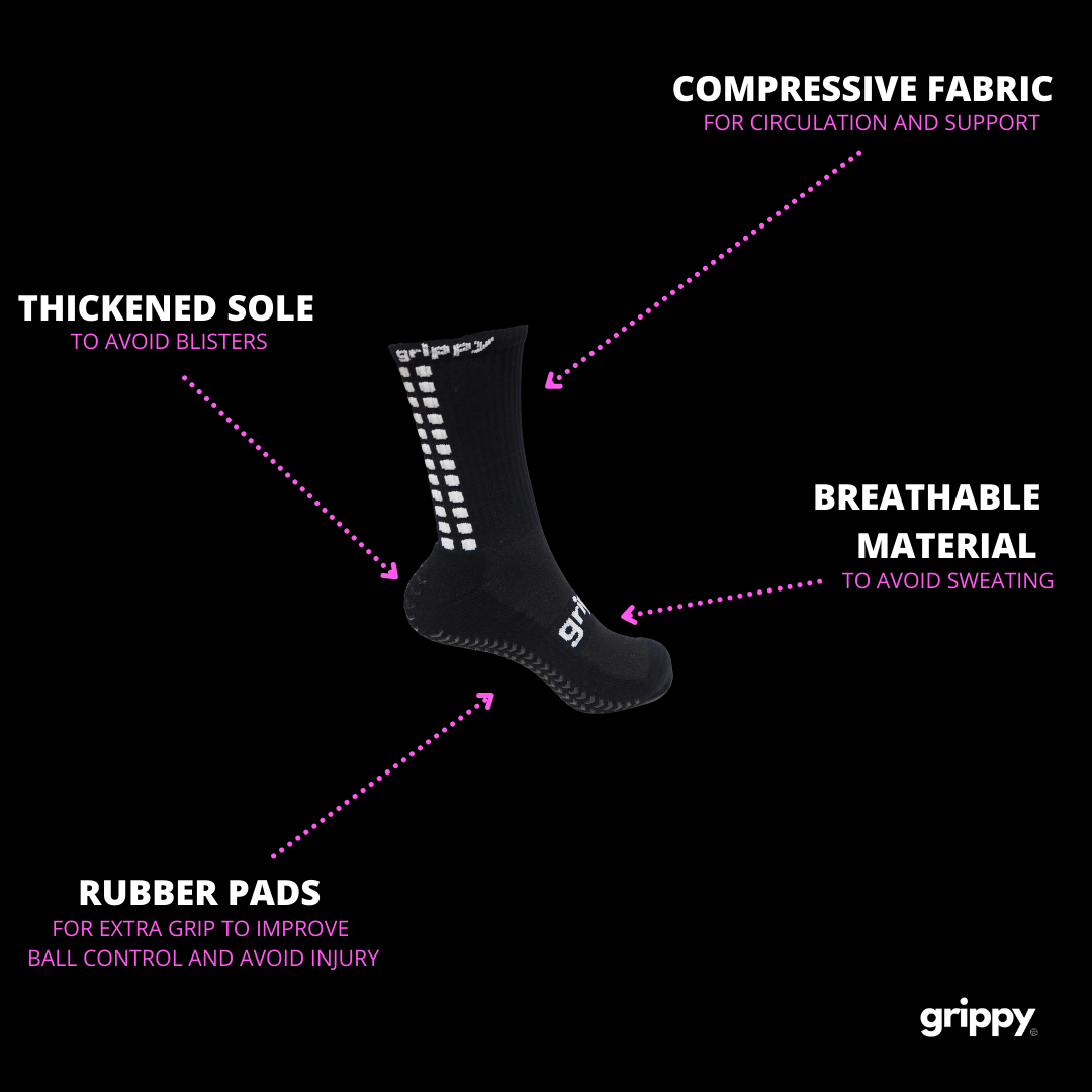 Grippy Black Football Grip Socks designed for enhanced performance and non-slip traction on the field.