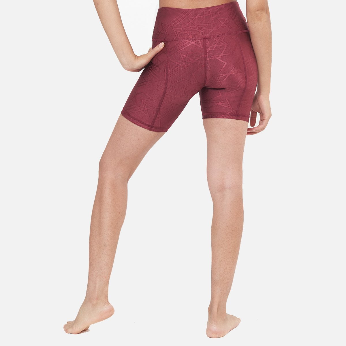 Hi-Rise Biker Short in Pomegranate Linear Pattern, showcasing a vibrant design and comfortable fit, perfect for active lifestyles.