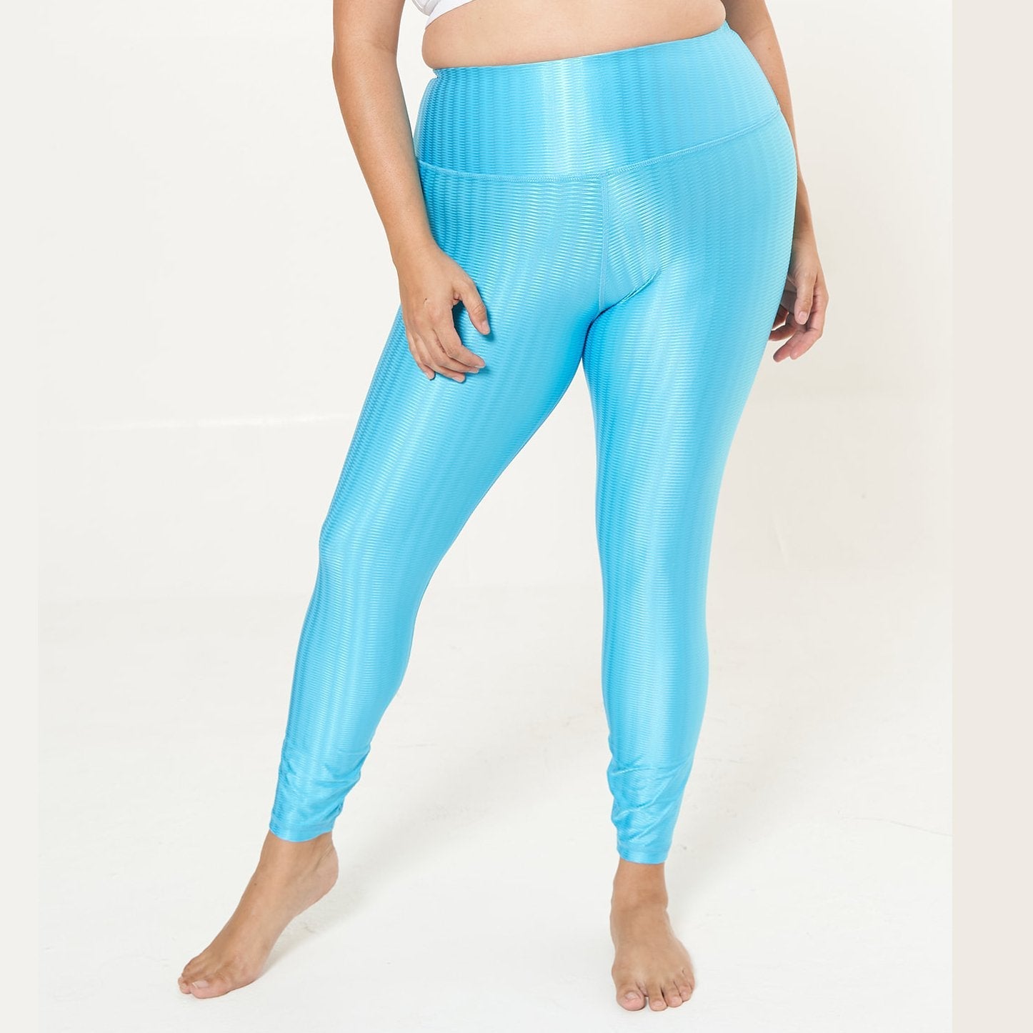 Hi-Rise Leggings in Sky Blue Zap Pattern, showcasing a vibrant design and high-rise fit for ultimate comfort and support.