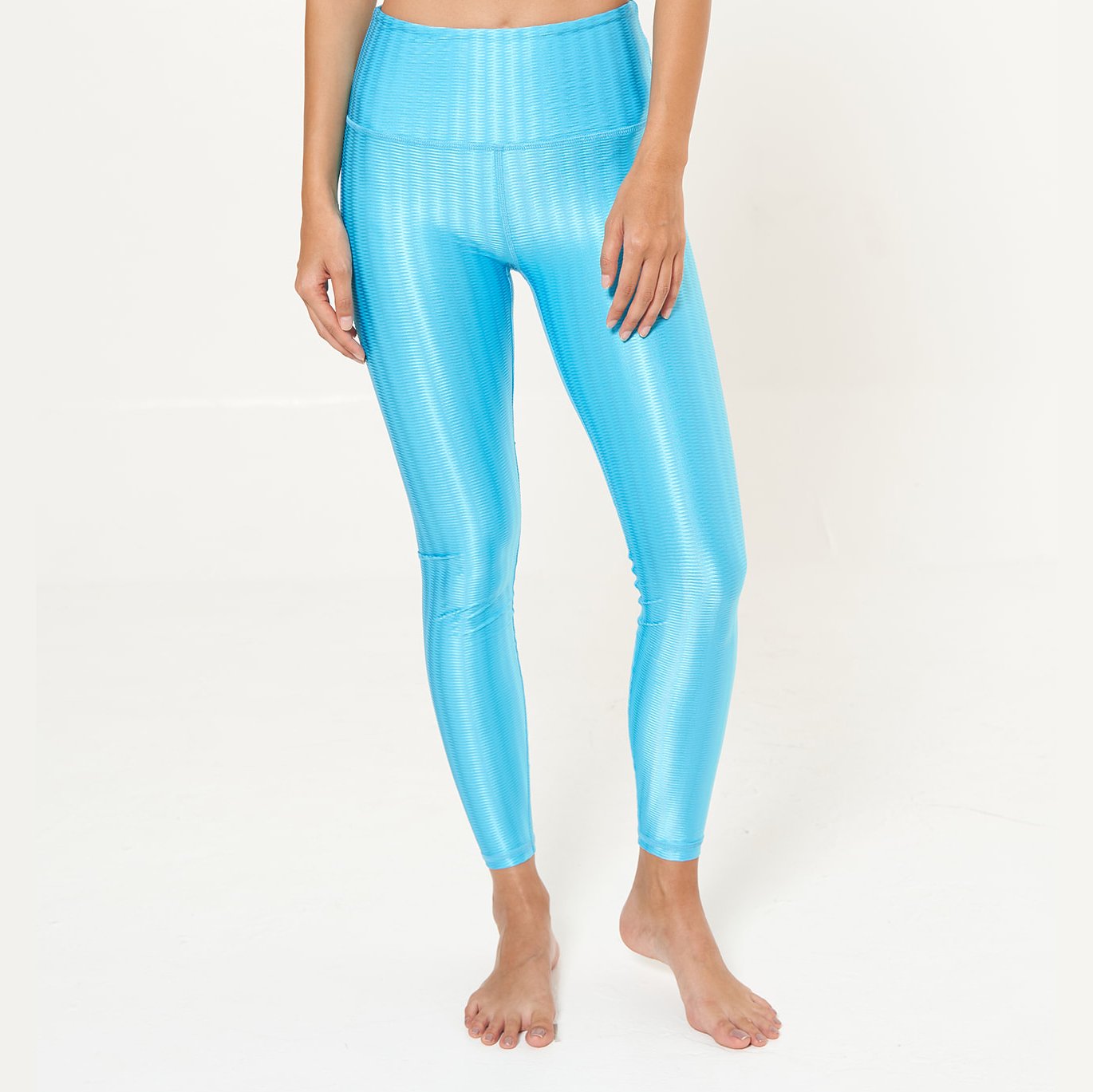 Hi-Rise Leggings in Sky Blue Zap Pattern, showcasing a vibrant design and high-rise fit for ultimate comfort and support.