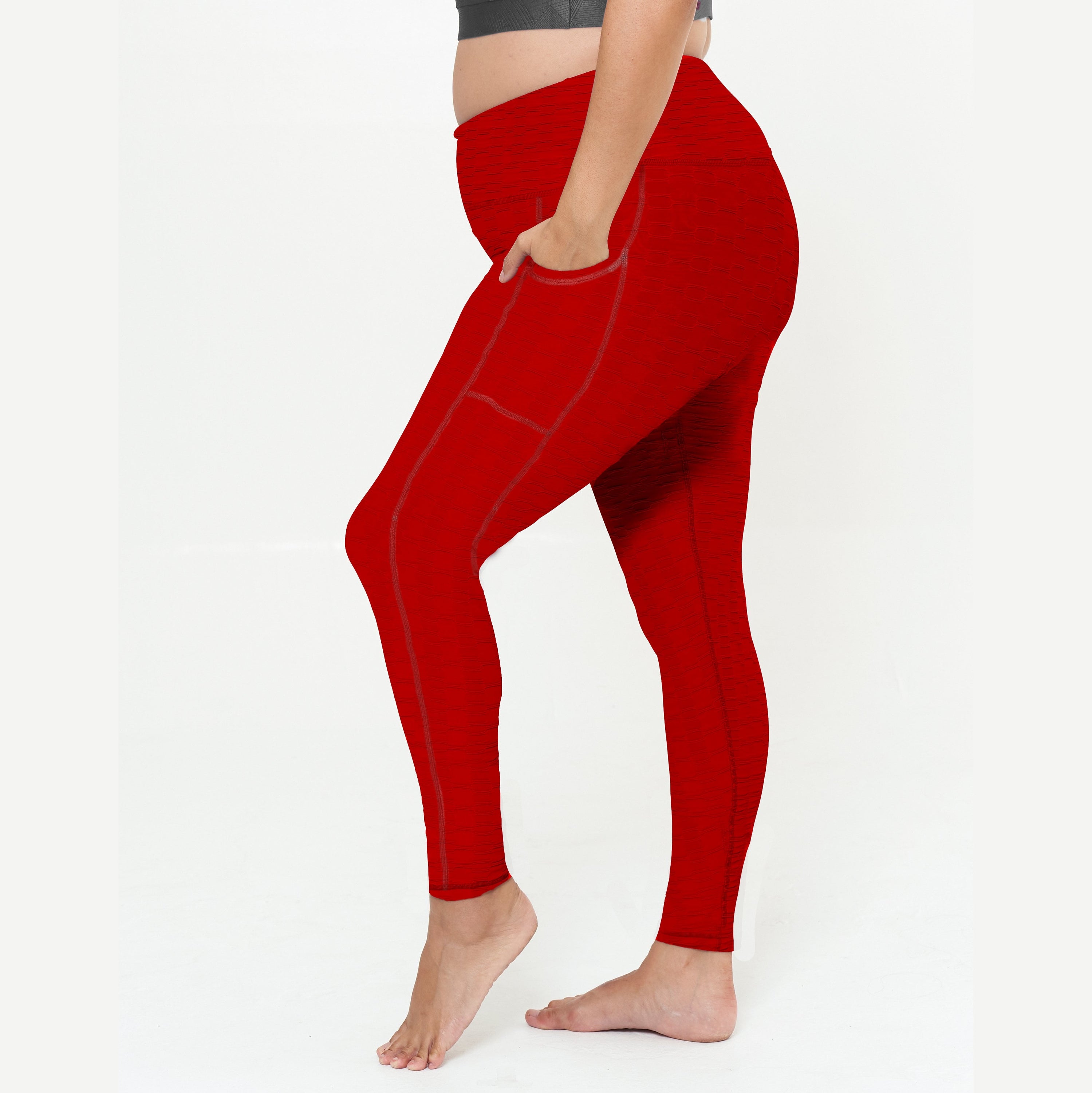 Hi-Rise Square Pocket Leggings in Cherry Pie Links Pattern, featuring a high-waisted design and side pocket for convenience.