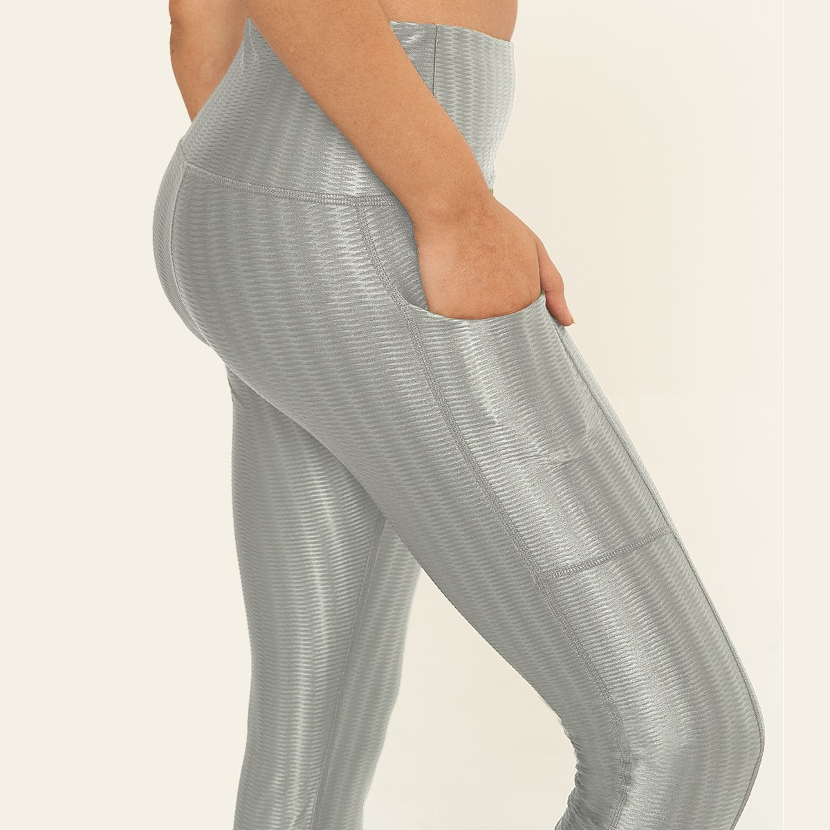 Dove Grey Hi-Rise Square Pocket Leggings showcasing a stylish design with a functional pocket for smartphones.