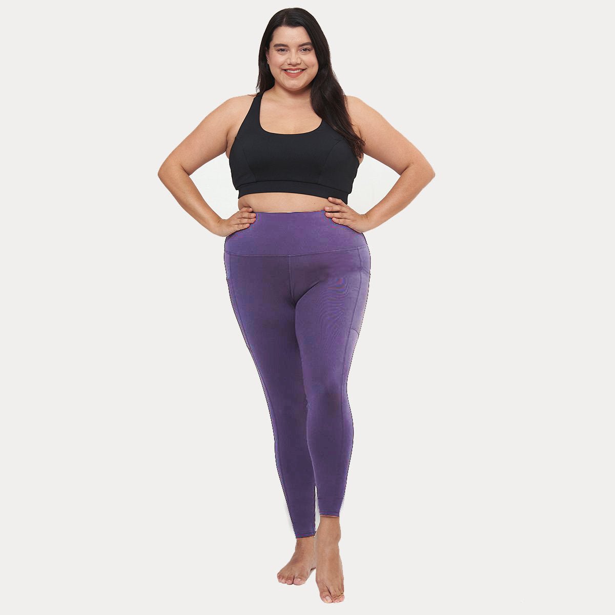 Hi-Rise Square Pocket Leggings in Plum Rib Texture, featuring high-rise waist and square pockets for smartphones.