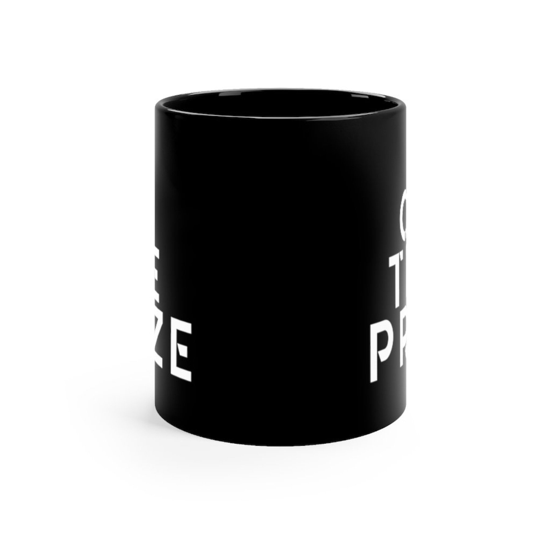 I On The Prize Black Mug 11Oz, featuring a sleek black ceramic design with rounded corners and a comfortable C-handle.